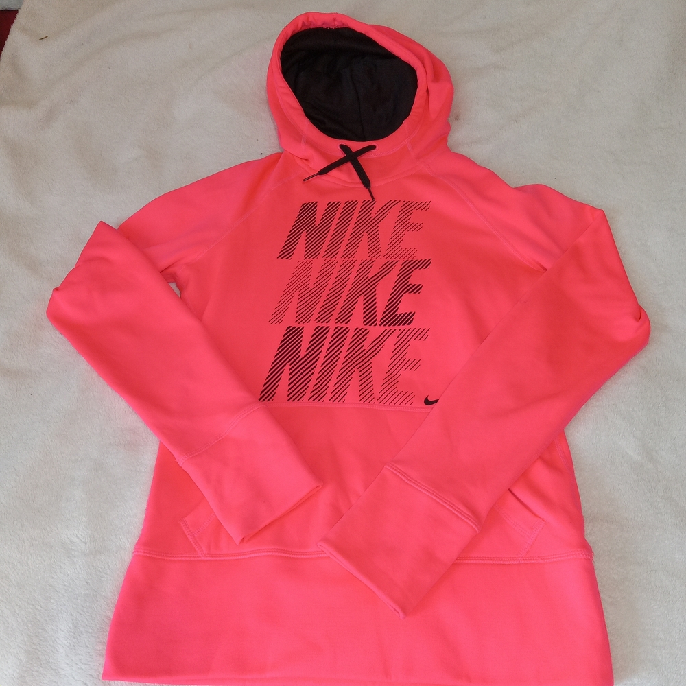 Nike Neon Coral Pink Pullover Hoodie size XS Polyester Pouch Pocket Long Sleeve - Picture 8 of 12